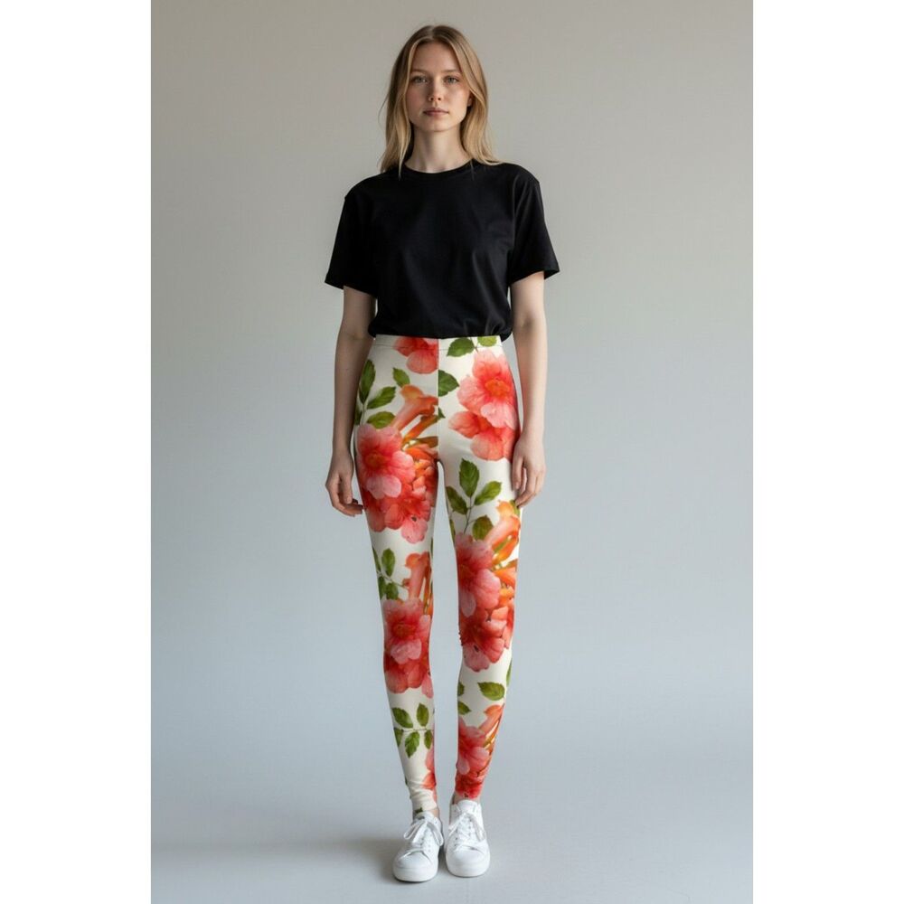 Coral Trumpet Flower Leggings High Waist Yoga Pants